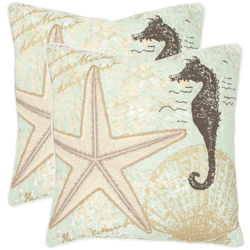 Seafoam and Beige Embroidered Linen Coastal Throw Pillow Set