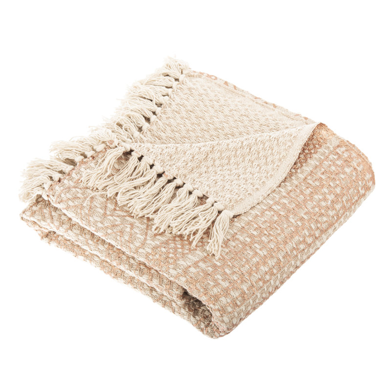 Beige and Copper Cotton Reversible Fringe Throw Blanket