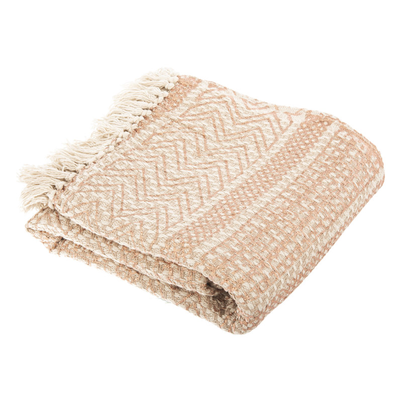 Beige and Copper Cotton Reversible Fringe Throw Blanket