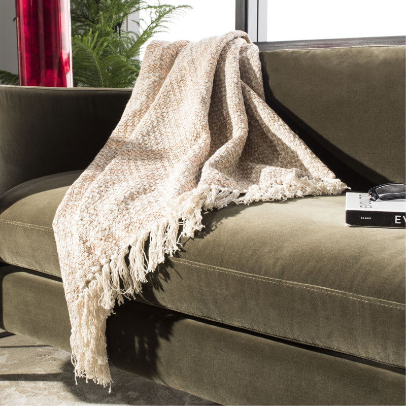 Beige and Copper Cotton Reversible Fringe Throw Blanket
