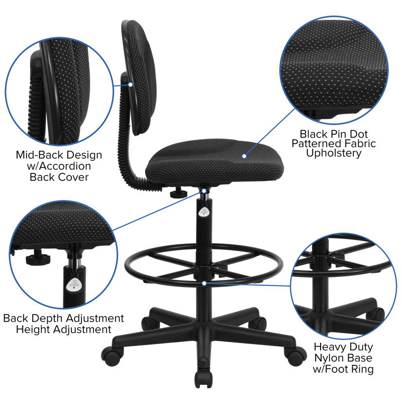 Black Adjustable Swivel Drafting Chair with Foot Ring