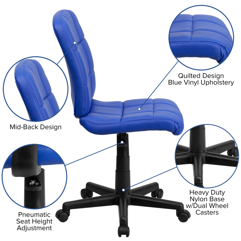 Mid-Back Blue Quilted Vinyl Armless Task Chair
