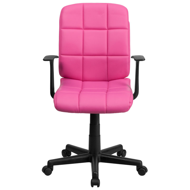 Elegant Mid-Back Pink Quilted Vinyl Swivel Task Chair with Arms