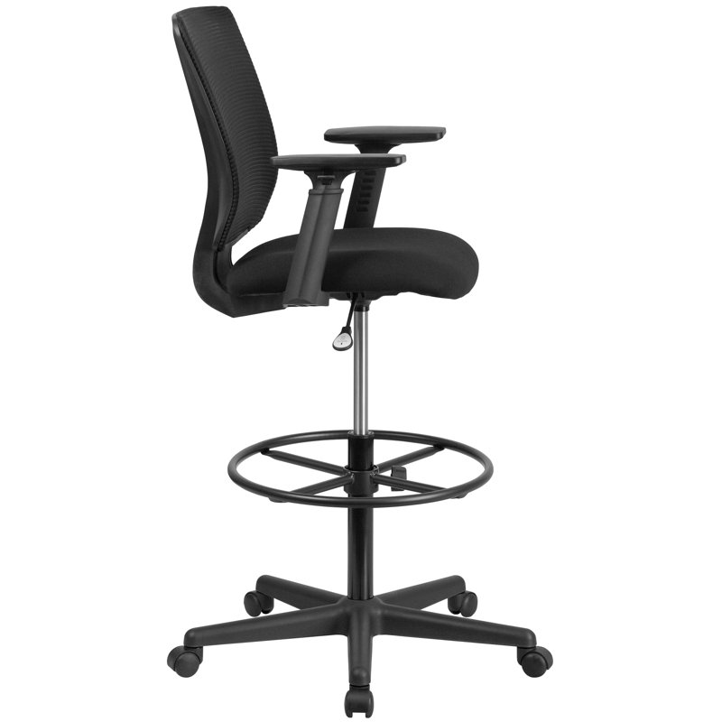 ErgoFlex Mid-Back Mesh Drafting Chair with Adjustable Arms and Black Fabric Seat