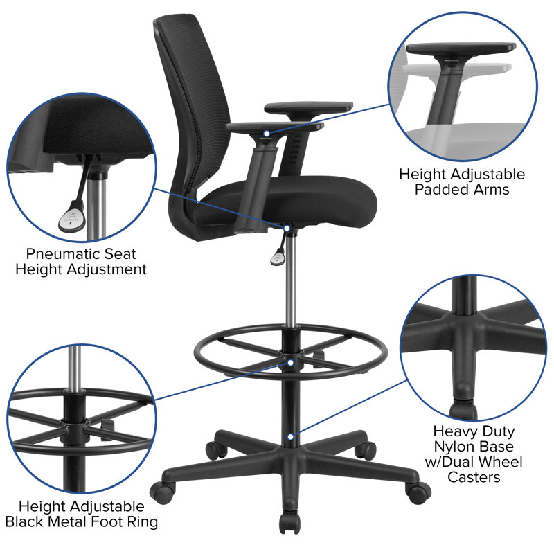 ErgoFlex Mid-Back Mesh Drafting Chair with Adjustable Arms and Black Fabric Seat