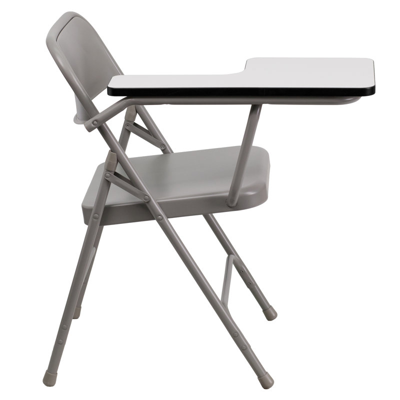 Beige and Brown Metal Folding Chair with Tablet Arm