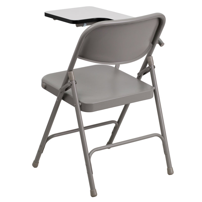 Beige and Brown Metal Folding Chair with Tablet Arm