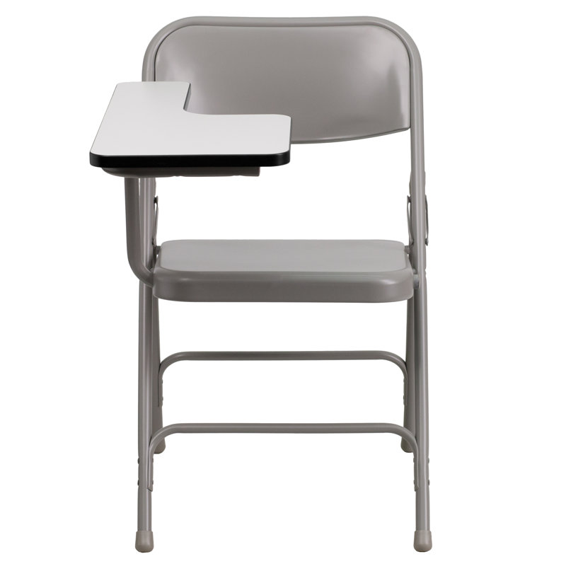 Beige and Brown Metal Folding Chair with Tablet Arm