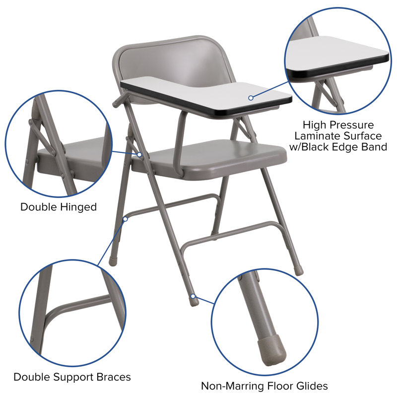 Beige and Brown Metal Folding Chair with Tablet Arm