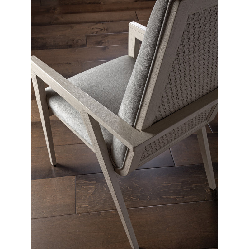 Contemporary Gray Leather and Cane Wood Arm Chair 23.5"