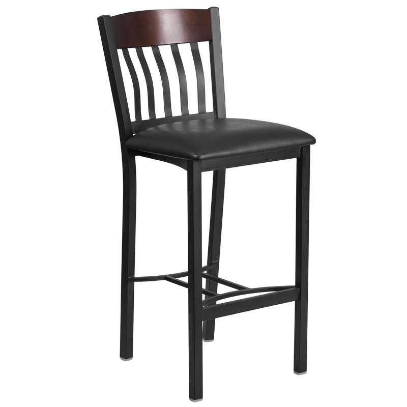Eclipse 42.75'' Adjustable Walnut Wood and Metal Barstool with Black Vinyl Seat