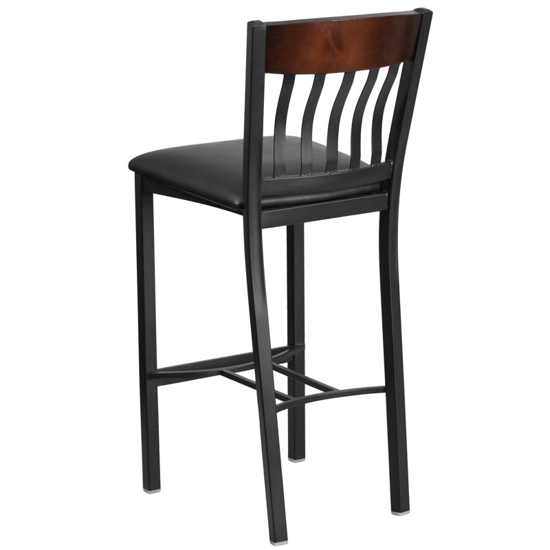 Eclipse 42.75'' Adjustable Walnut Wood and Metal Barstool with Black Vinyl Seat