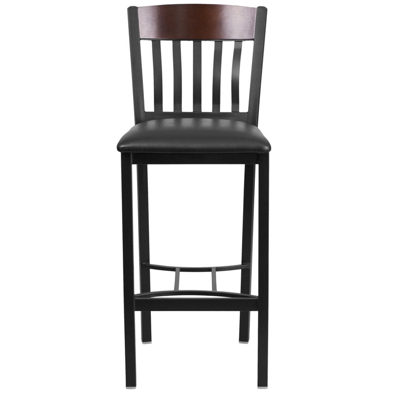 Eclipse 42.75'' Adjustable Walnut Wood and Metal Barstool with Black Vinyl Seat