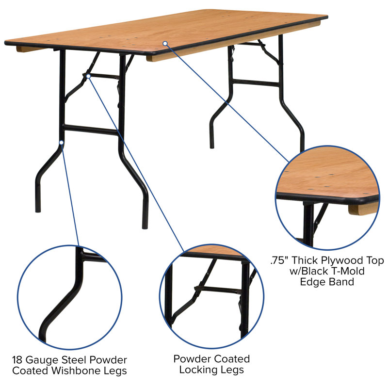 Elegant 72" Black Metal and Brown Wood Rectangular Folding Banquet Table