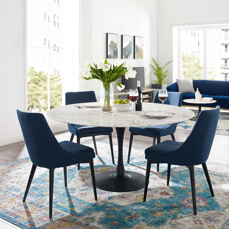 Mid-Century Modern 54" Round Marble & Wood Dining Table in Black/White