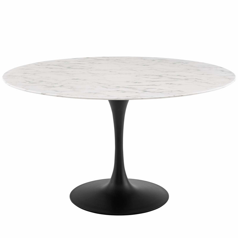 Mid-Century Modern 54" Round Marble & Wood Dining Table in Black/White