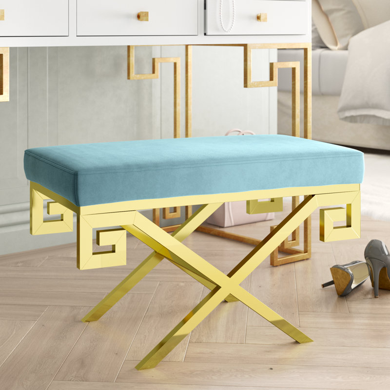 Rove 28.5'' Gold Stainless Steel Bench with Sea Blue Velvet Top