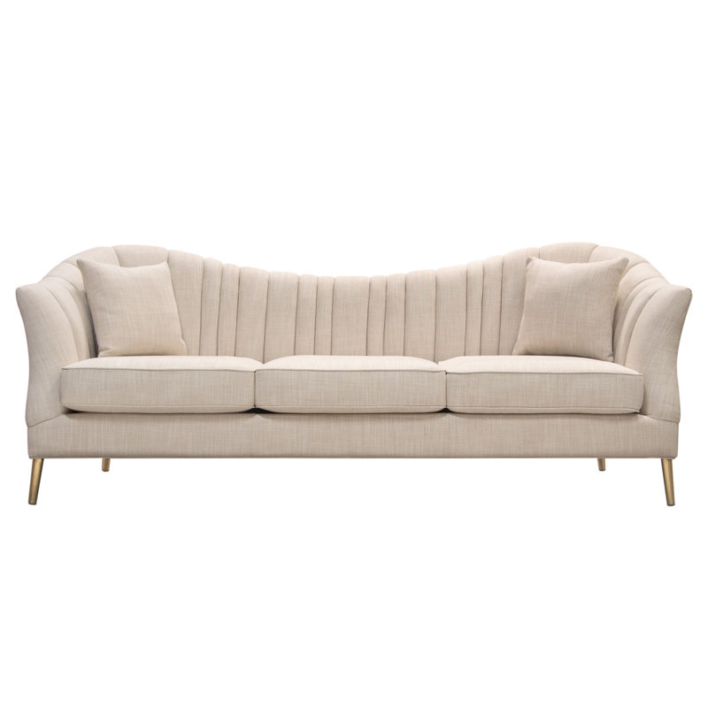 Sand Linen Tufted Sofa with Gold Metal Legs and Round Arms