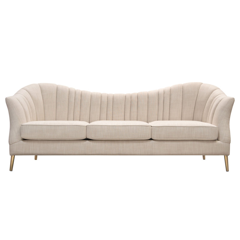 Sand Linen Tufted Sofa with Gold Metal Legs and Round Arms