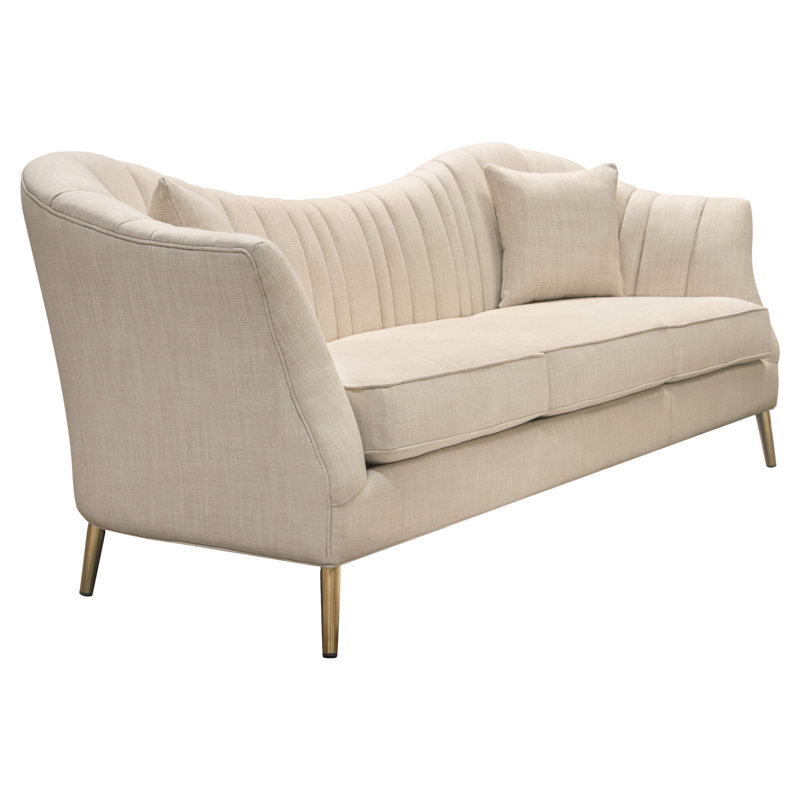 Sand Linen Tufted Sofa with Gold Metal Legs and Round Arms