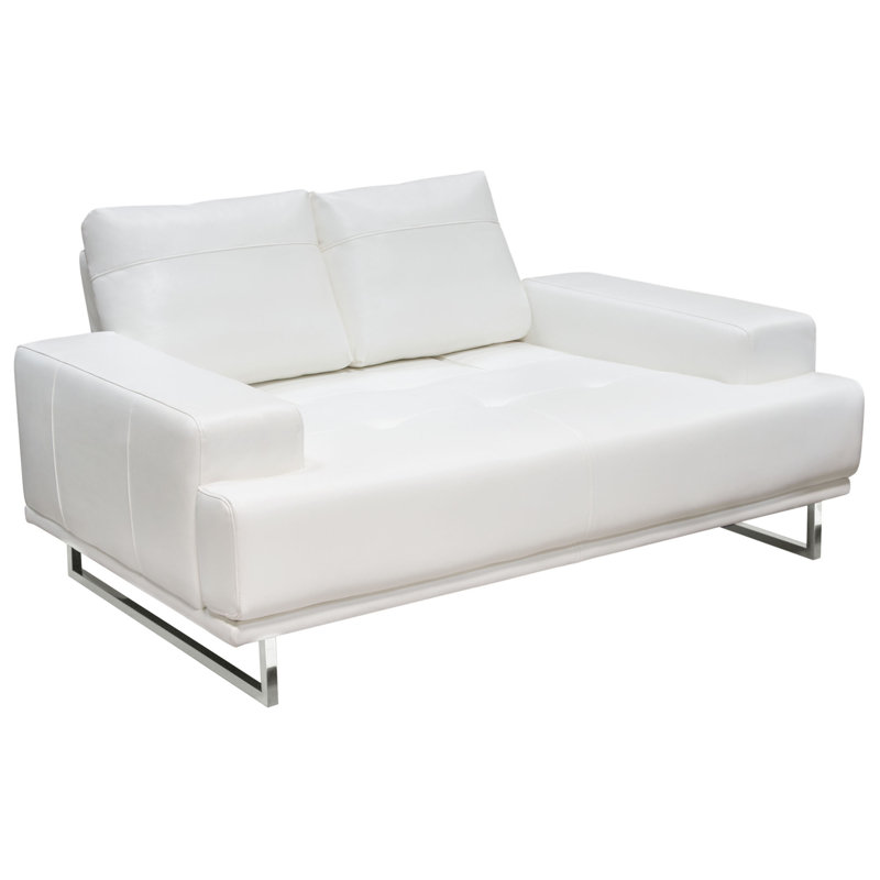 Chic White Air Leather Convertible Loveseat with Chrome Legs