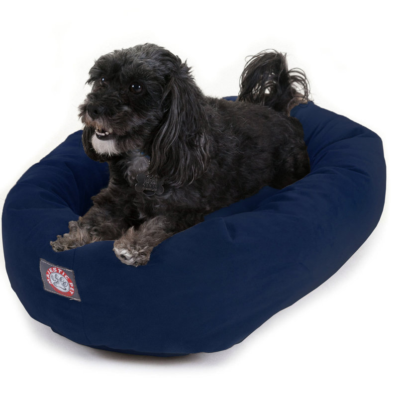 Navy Suede Medium Round Calming Dog Bed with Bolster