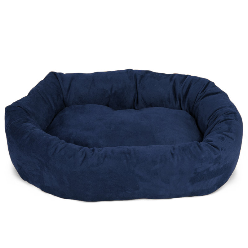 Navy Suede Medium Round Calming Dog Bed with Bolster