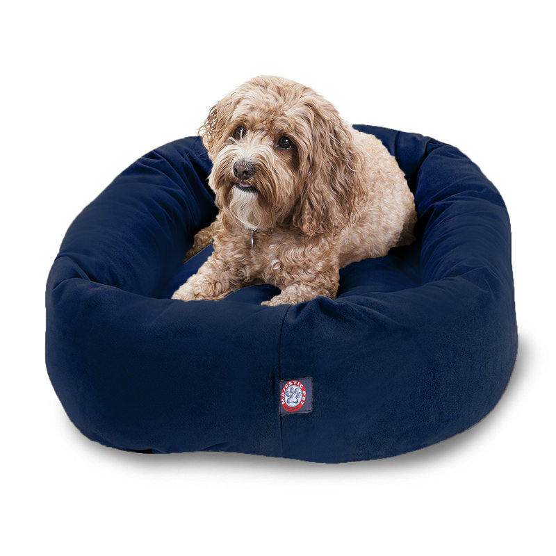 Navy Suede Medium Round Calming Dog Bed with Bolster