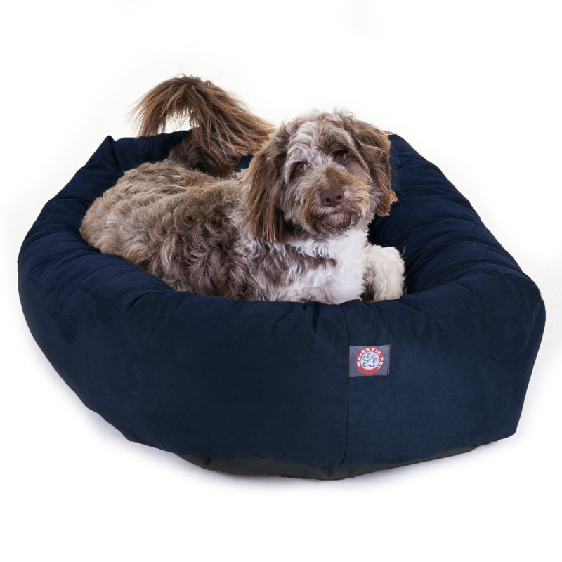 Navy Suede Medium Round Calming Dog Bed with Bolster