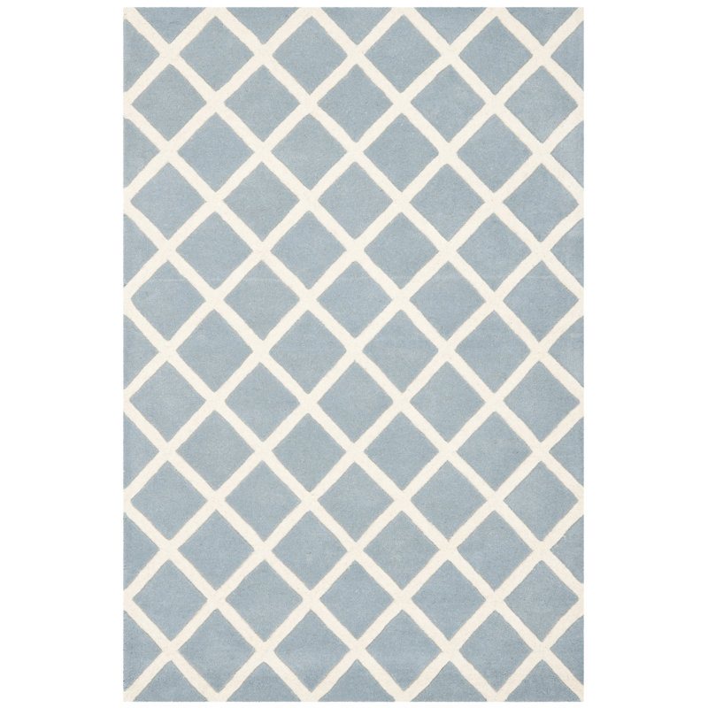 Blue and Ivory Hand-Tufted Wool Geometric Area Rug, 5' x 8'