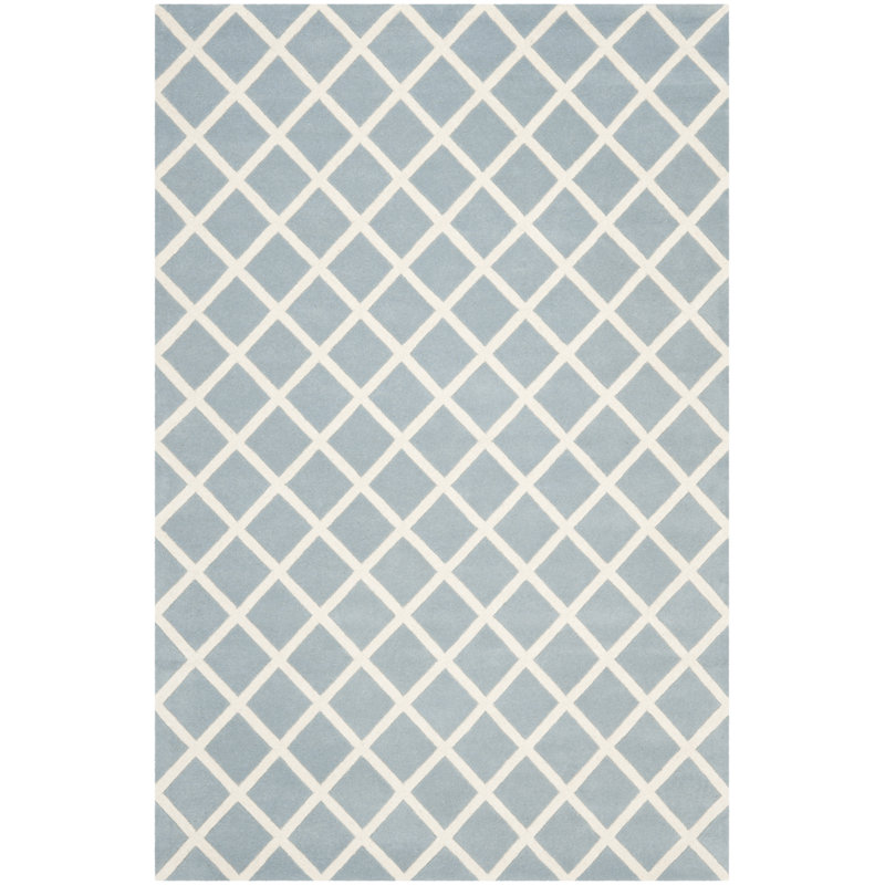 Blue and Ivory Hand-Tufted Wool Geometric Area Rug, 5' x 8'