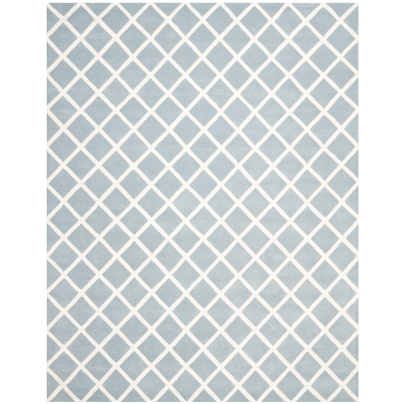 Blue and Ivory Hand-Tufted Wool Geometric Area Rug, 5' x 8'