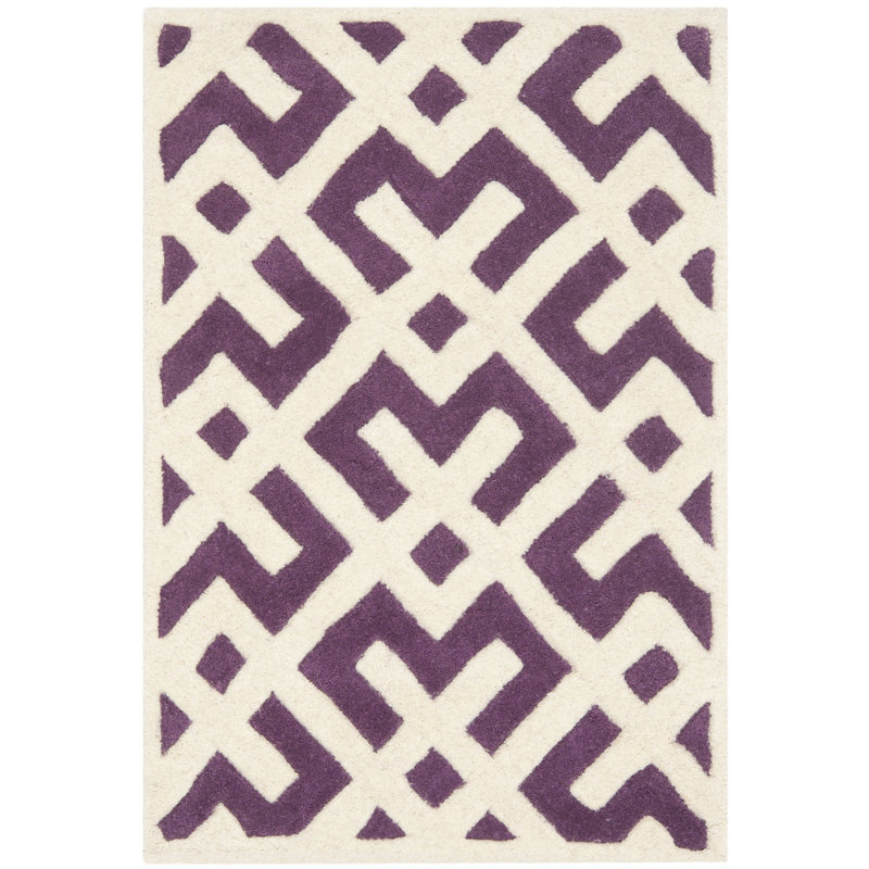Purple and Ivory Geometric Hand-Tufted Wool 4' x 6' Area Rug
