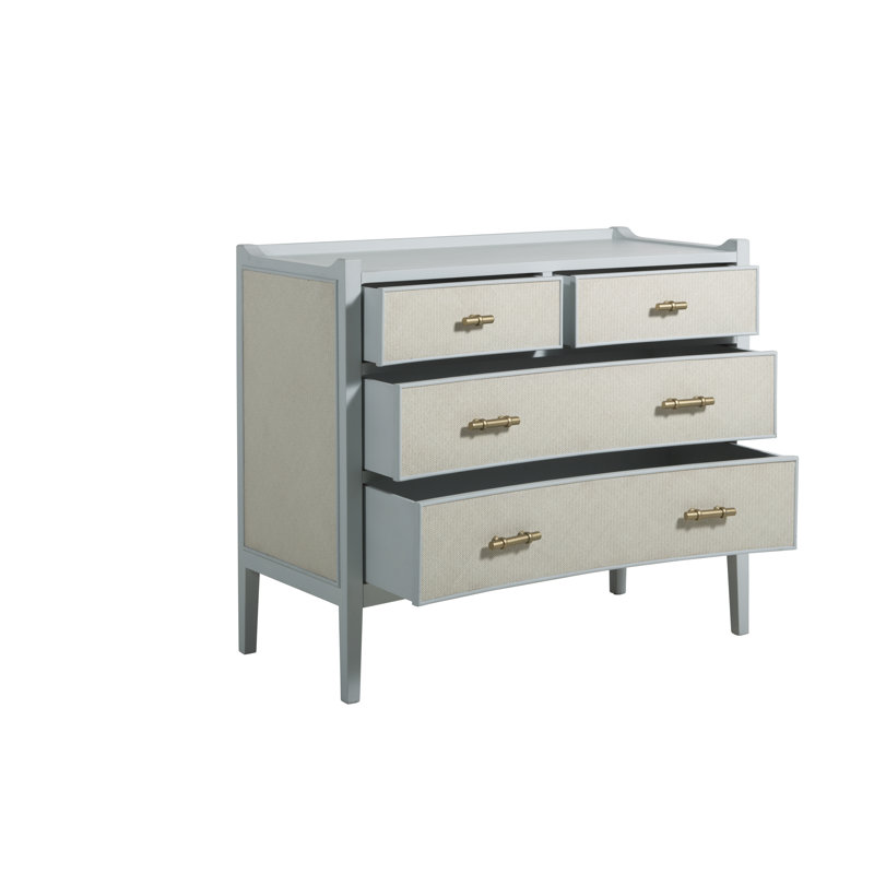 Jane Coastal White 4-Drawer Seagrass Dresser with Golden Hardware