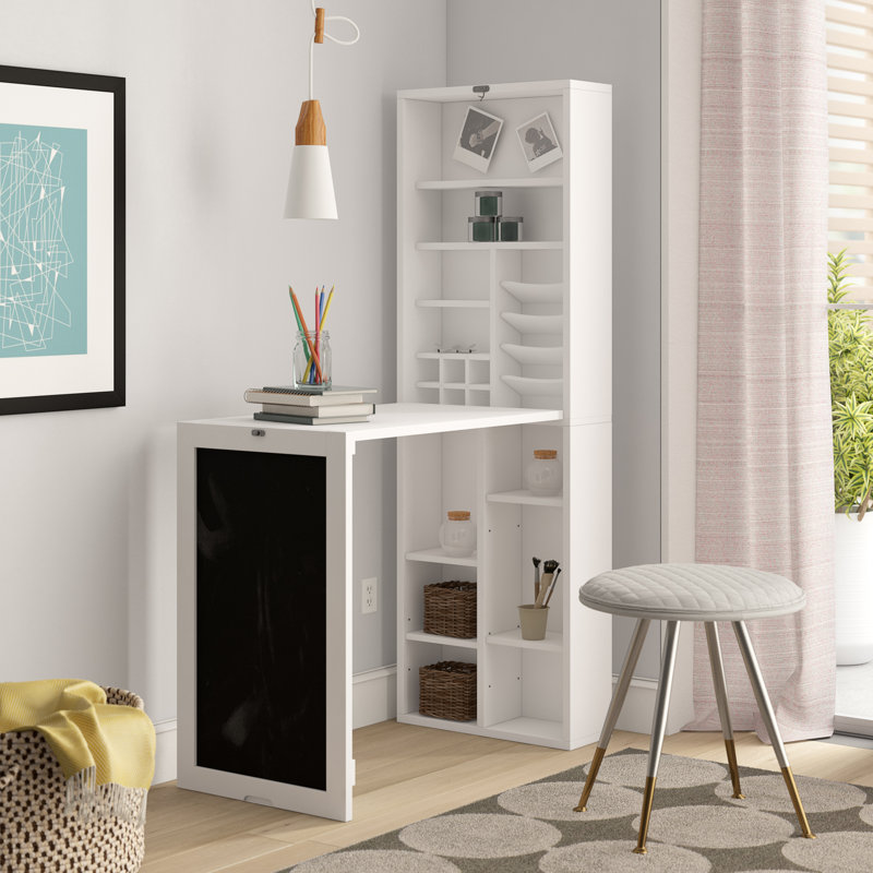 Murphy White Laminated MDF Fold-Down Wall Desk with Chalkboard and Storage