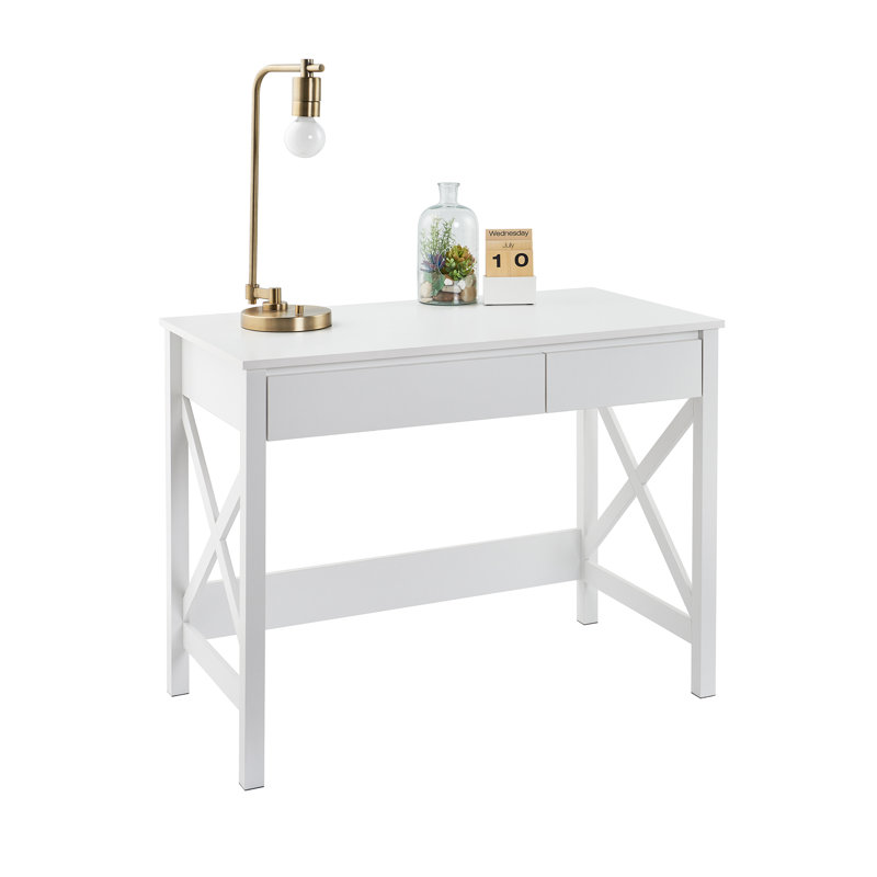 X-Frame Coastal White Composite Writing Desk with Drawers