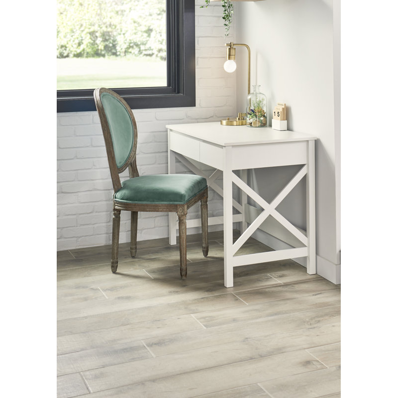 X-Frame Coastal White Composite Writing Desk with Drawers