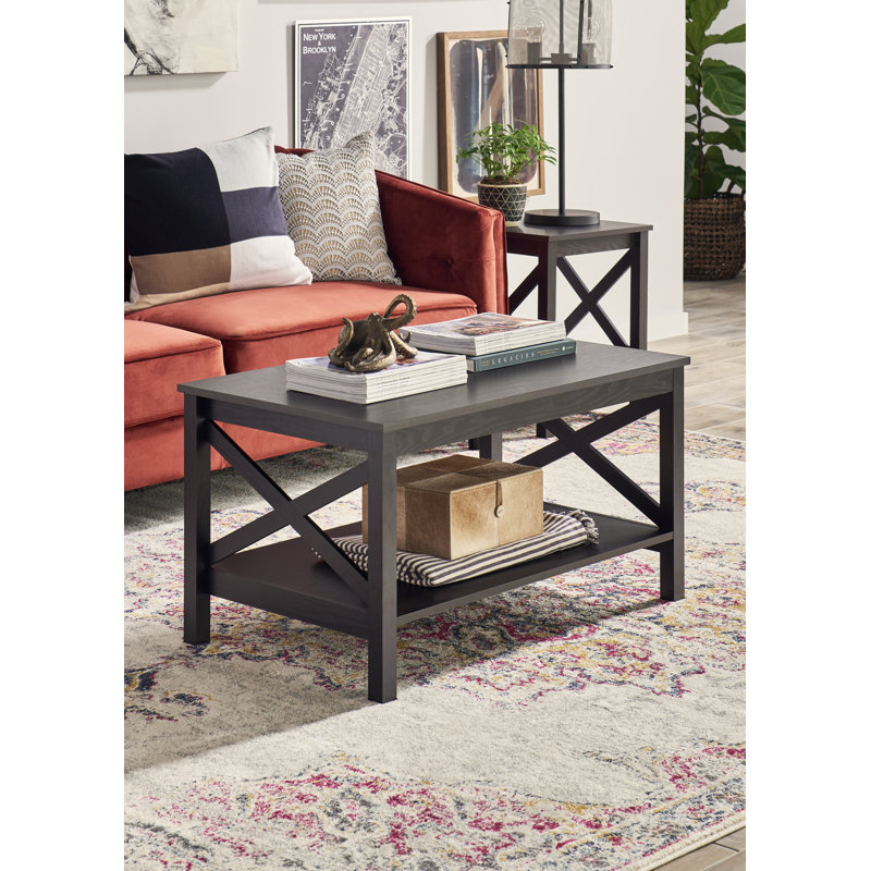 Sleek Black Walnut X-Frame Coffee Table with Storage
