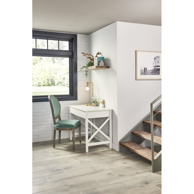 X-Frame Coastal White Composite Writing Desk with Drawers