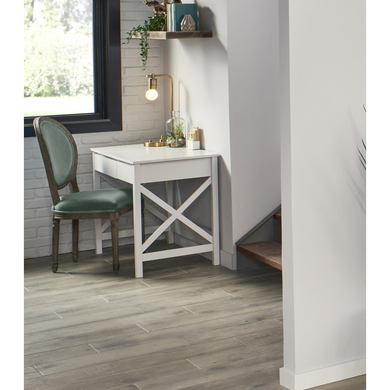 X-Frame Coastal White Composite Writing Desk with Drawers