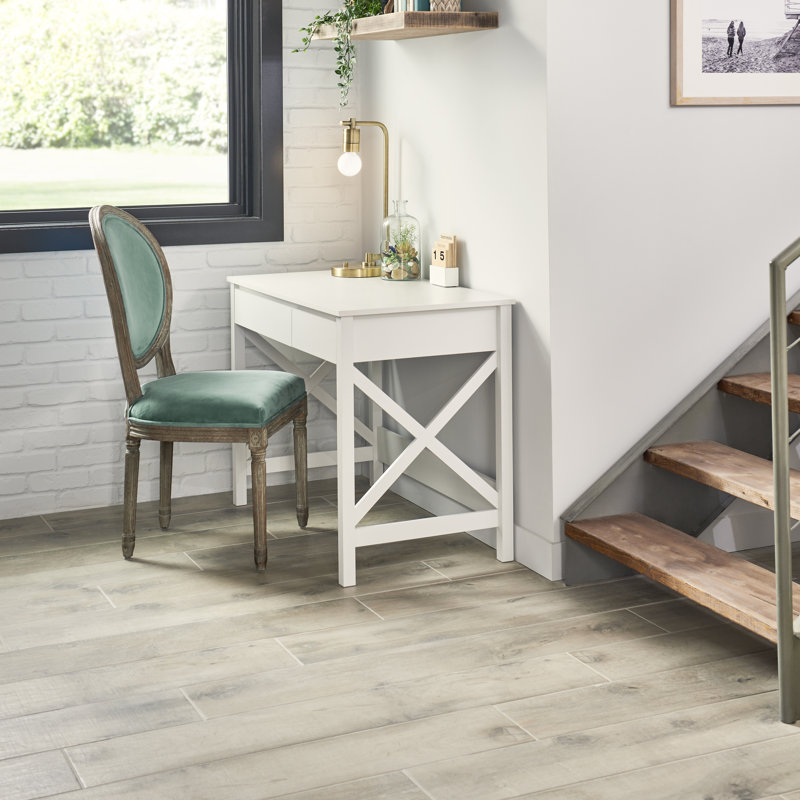 X-Frame Coastal White Composite Writing Desk with Drawers