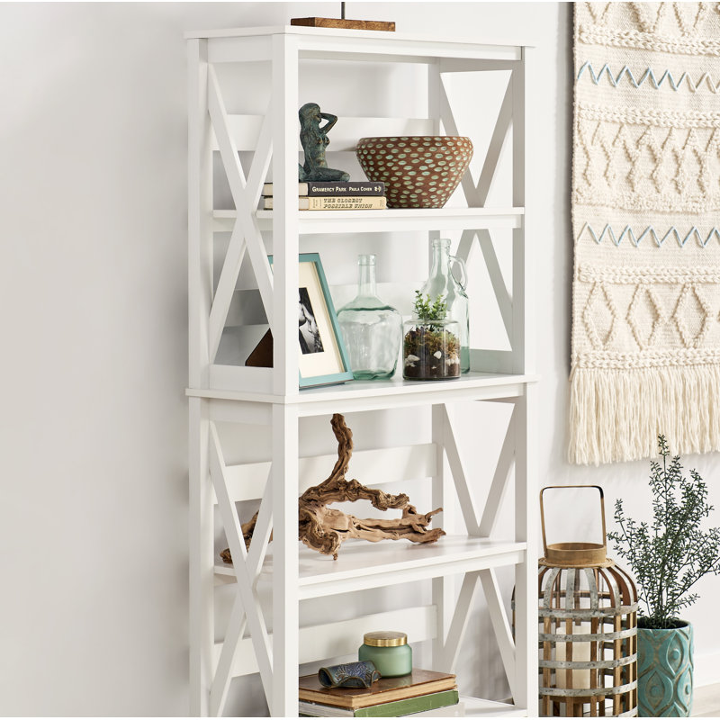 White Wood X-Frame 5-Tier Etagere Bookcase
