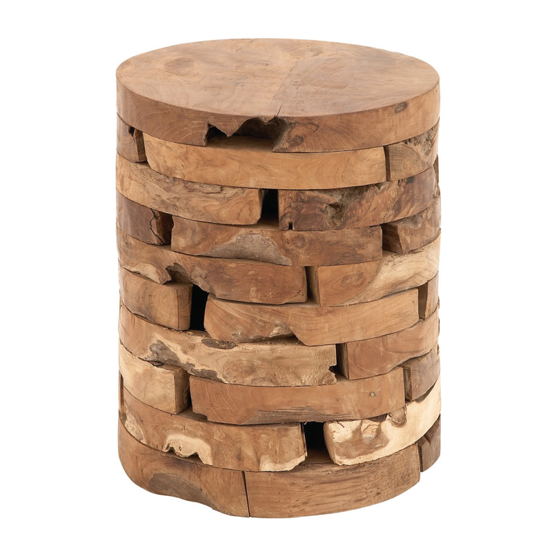 Light Brown Teak Wood Round Live Edge Accent Table 14" x 18"