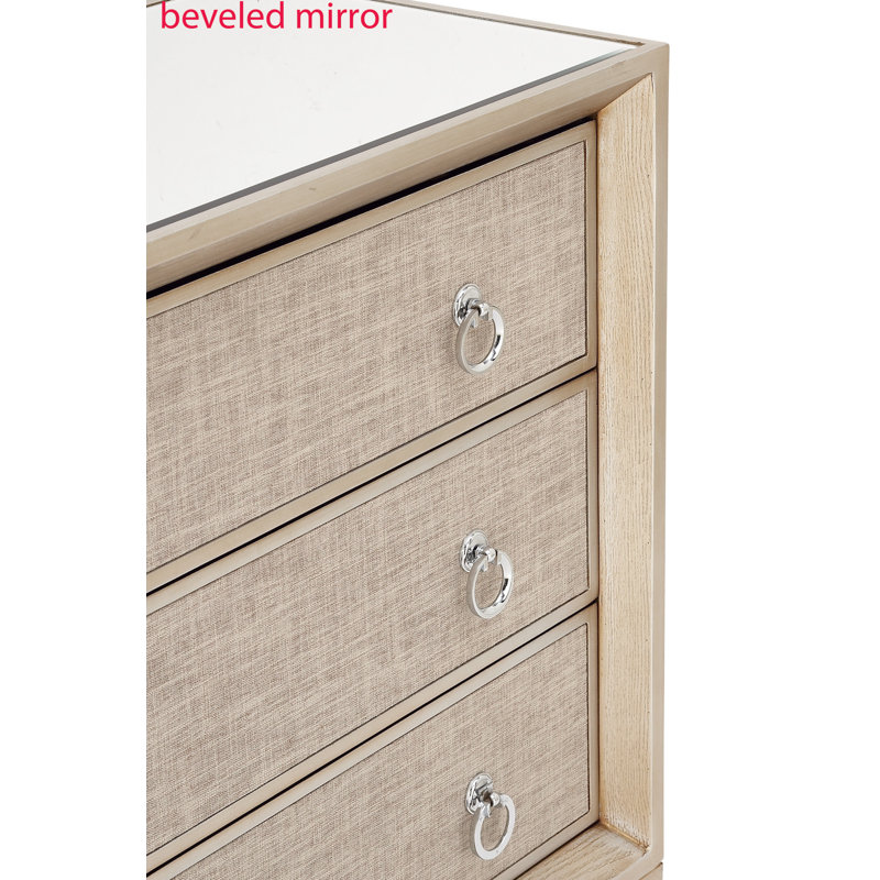 Beige Upholstered 3 Drawer Chest with Mirrored Top and Ring Handles