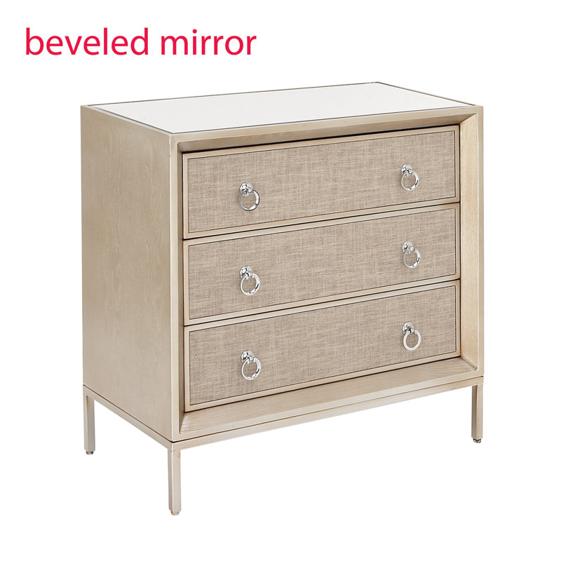 Beige Upholstered 3 Drawer Chest with Mirrored Top and Ring Handles