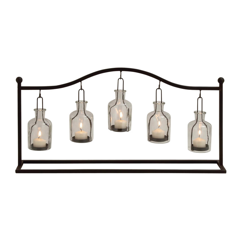 Black Metal Hanging Bottle Candle Lantern with Glass Holders