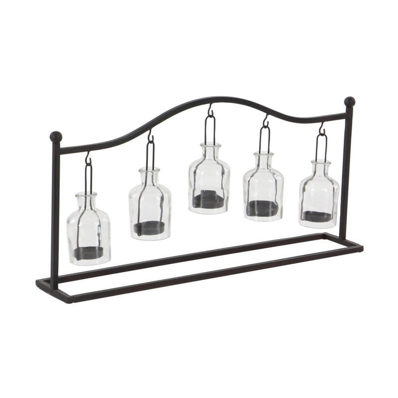 Black Metal Hanging Bottle Candle Lantern with Glass Holders