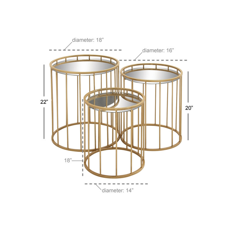 Sleek Gold Metal & Mirrored Glass Round Nesting Tables - Set of 3