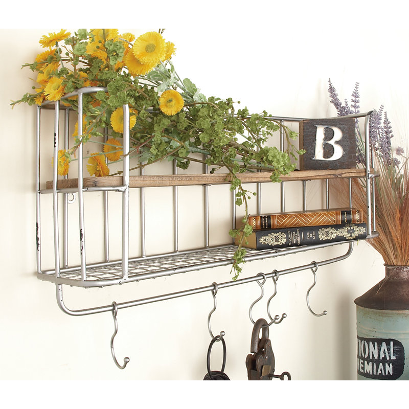 Gray Iron and Wood Wall Shelf with Hooks, Set of 2