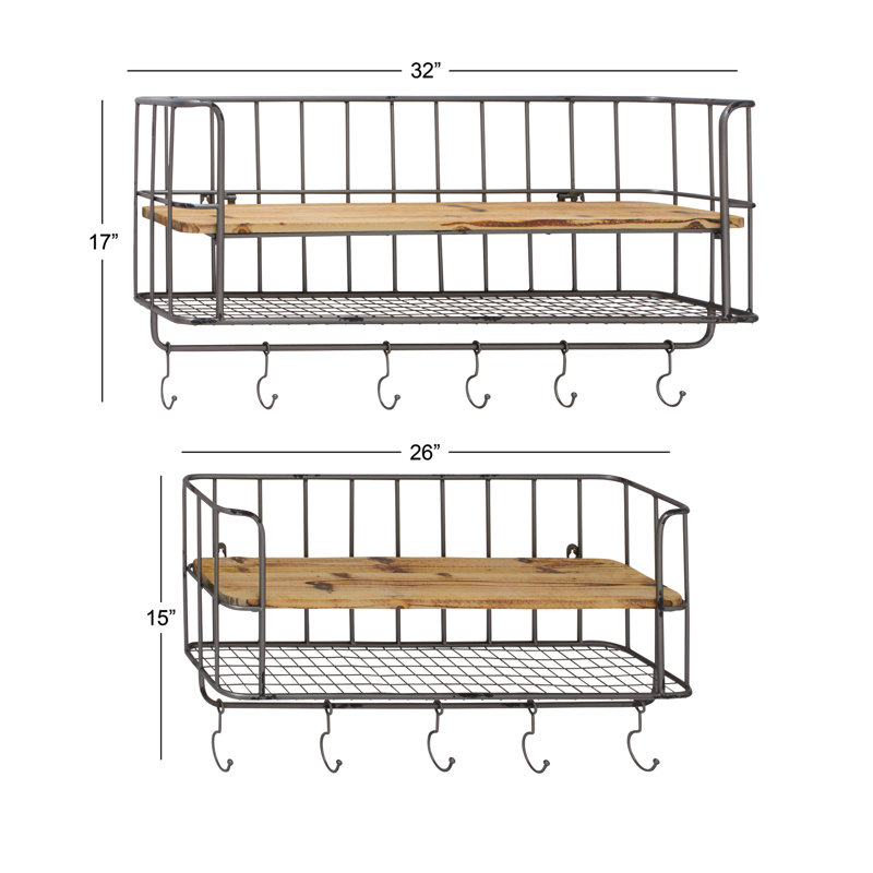 Gray Iron and Wood Wall Shelf with Hooks, Set of 2